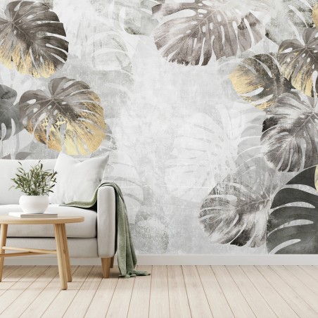 Fotomural MONSTERA HOJAS ORO GRIS TROPICAL PARA SALÓN – Pixers®