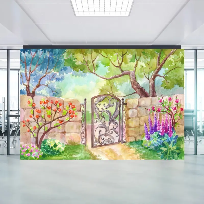 Fotomural JARDIN ACUARELA FLORES PUERTA VERANO PARA OFICINA