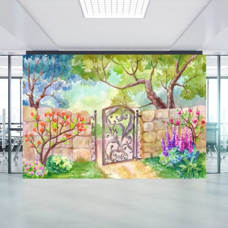 Fotomural JARDIN ACUARELA FLORES PUERTA VERANO PARA OFICINA – Pixers®