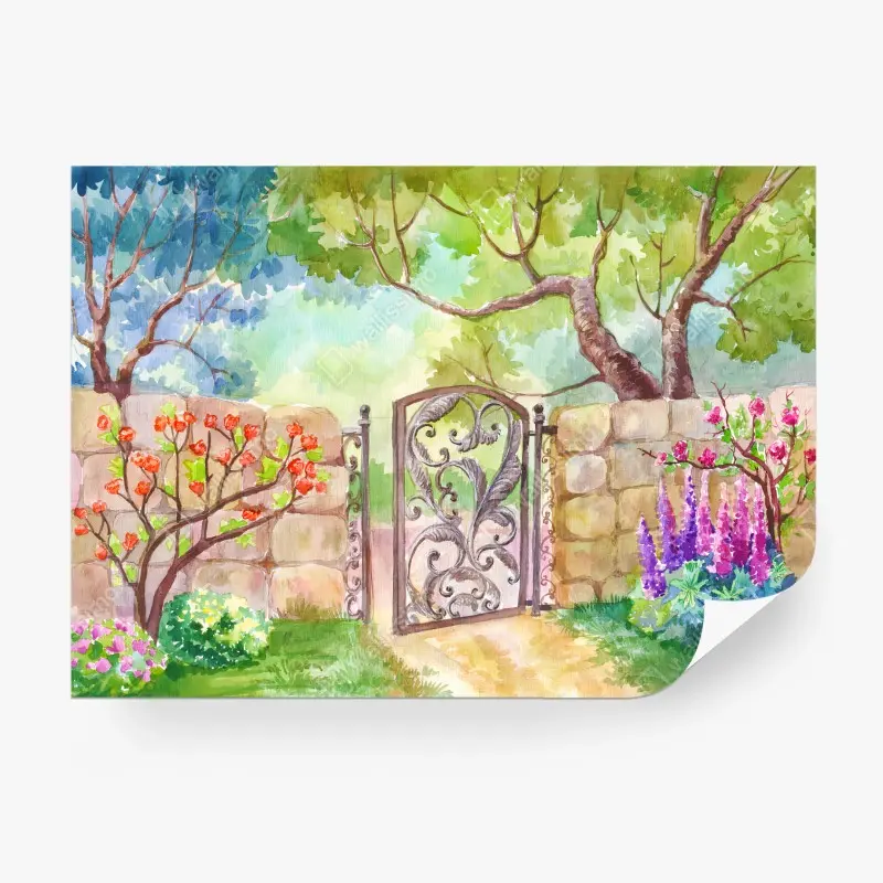Fotomural JARDIN ACUARELA FLORES PUERTA VERANO PARA OFICINA