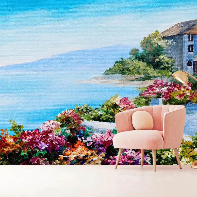 Fotomural MAR COSTA CASA FLORES PAISAJE PARA SALÓN