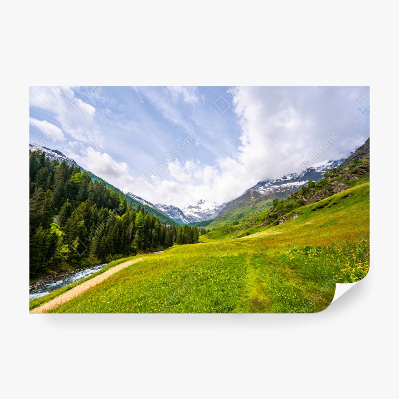 Fotomural MONTAÑAS VALLE ALPINO VERDE PAISAJE PARA SALÓN