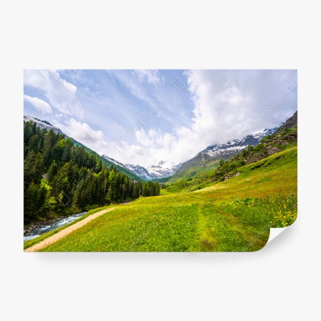 Fotomural MONTAÑAS VALLE ALPINO VERDE PAISAJE PARA SALÓN – Pixers®
