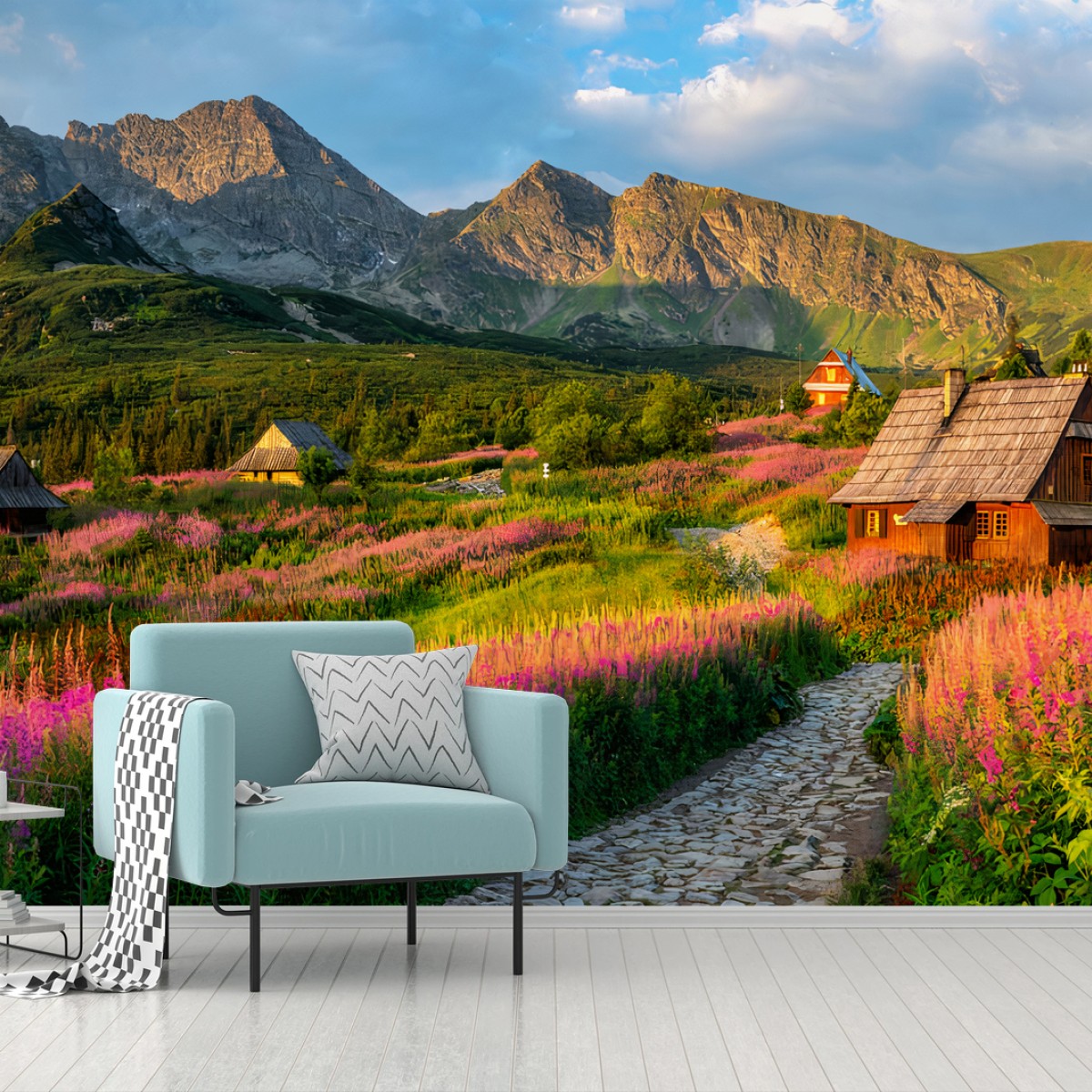 Fotomural ALPES PRADERA FLORES CABAÑA PAISAJE PARA SALÓN – Pixers®