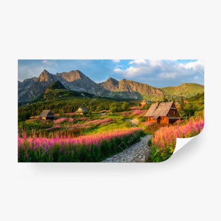 Fotomural ALPES PRADERA FLORES CABAÑA PAISAJE PARA SALÓN – Pixers®