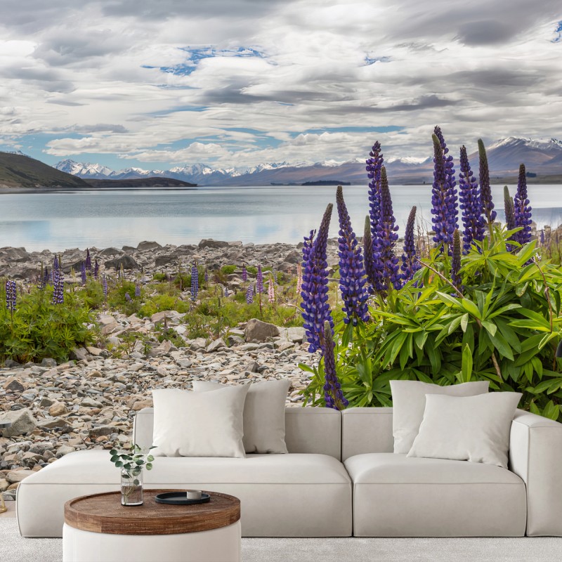 Fotomural LAGO MONTAÑAS LUPIN NATURALEZA PAISAJE PARA SALON