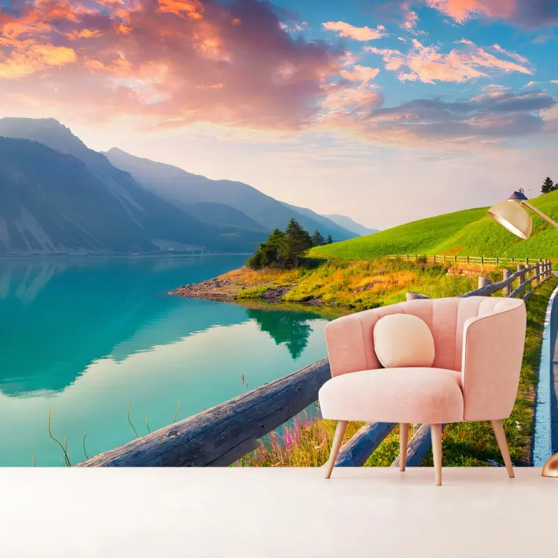 Fotomural LAGO MONTAÑAS ATARDECER TURQUESA SENDERO PARA SALÓN