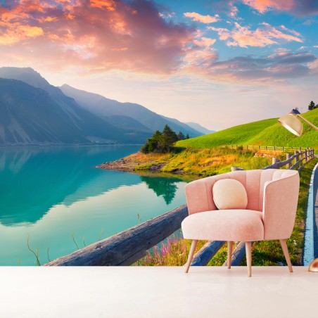 Fotomural LAGO MONTAÑAS ATARDECER TURQUESA SENDERO PARA SALÓN – Pixers®