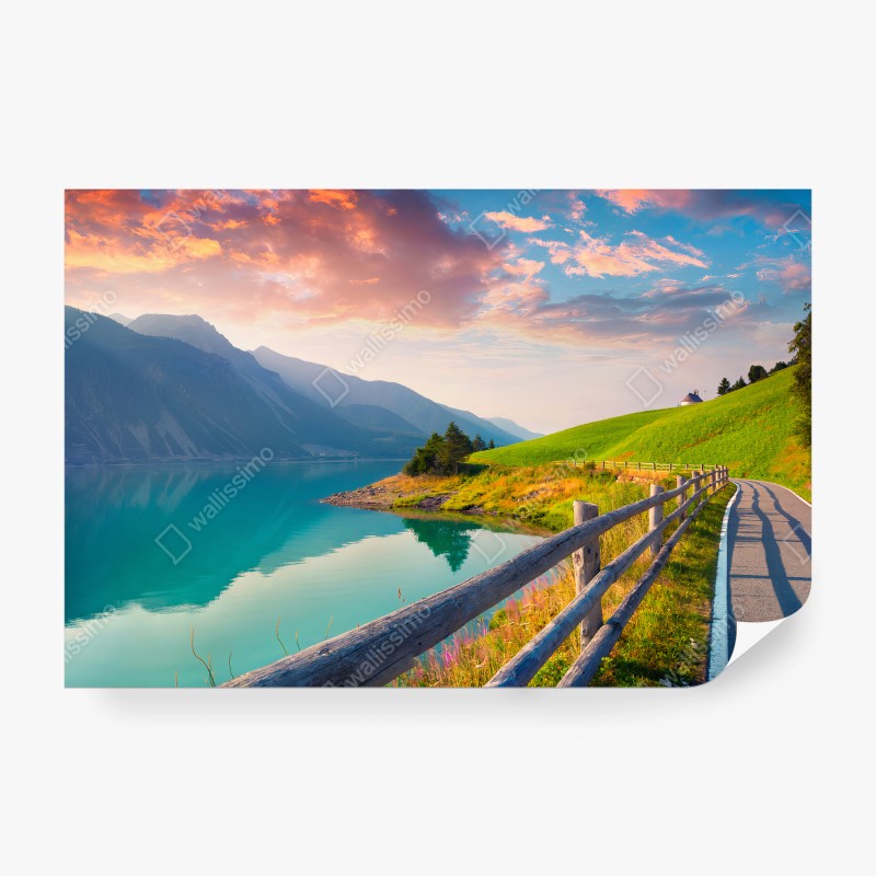Fotomural LAGO MONTAÑAS ATARDECER TURQUESA SENDERO PARA SALÓN