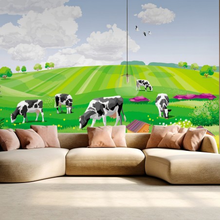 Fotomural PAISAJE VACAS PRADERA VERDE VERANO PARA SALÓN – Pixers®