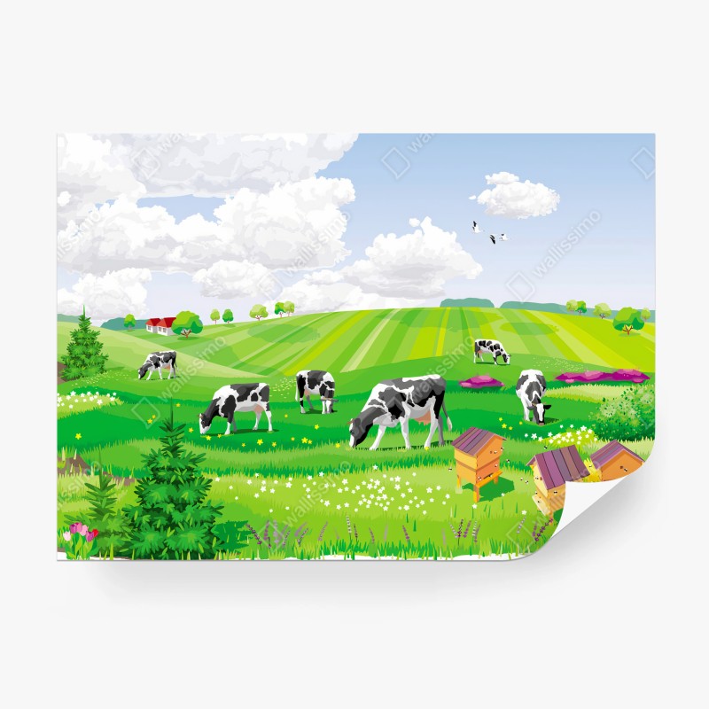 Fotomural PAISAJE VACAS PRADERA VERDE VERANO PARA SALÓN
