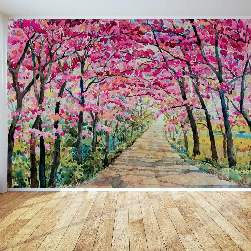 Fotomural CEREZO ROSA PRIMAVERA ACUARELA PAISAJE PARA SALA