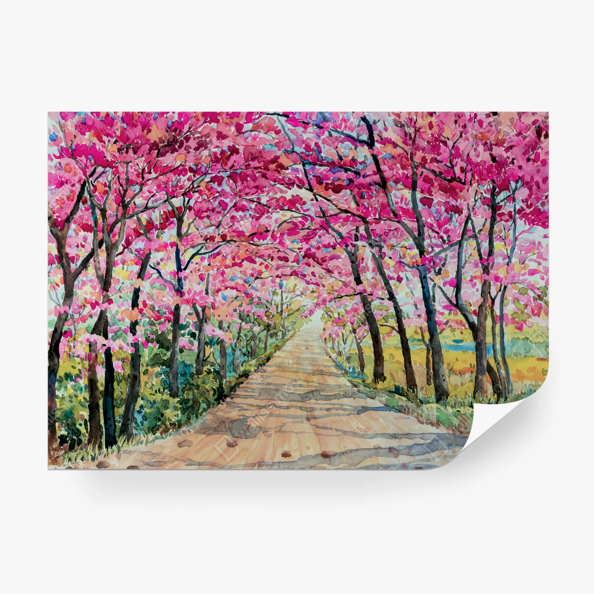Fotomural CEREZO ROSA PRIMAVERA ACUARELA PAISAJE PARA SALA – Pixers®