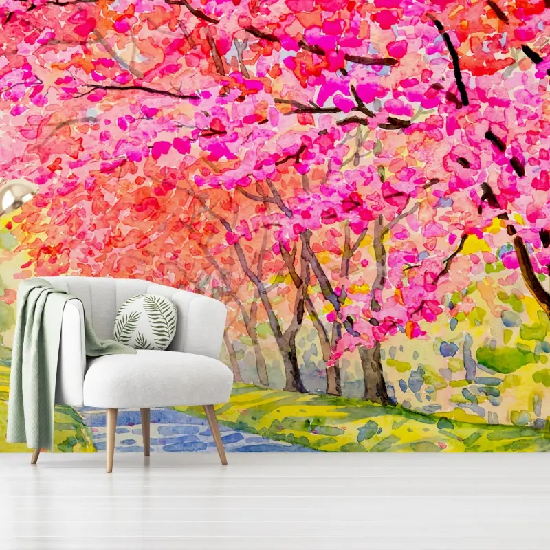 Fotomural ROSADO CEREZO ACUARELA FLORES PAISAJE PARA SALÓN