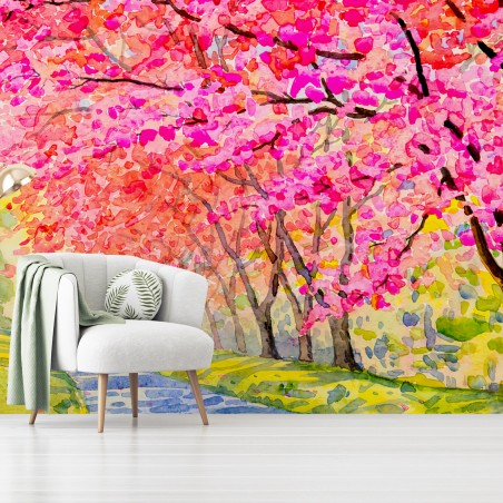 Fotomural ROSADO CEREZO ACUARELA FLORES PAISAJE PARA SALÓN – Pixers®
