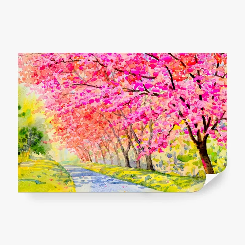 Fotomural ROSADO CEREZO ACUARELA FLORES PAISAJE PARA SALÓN