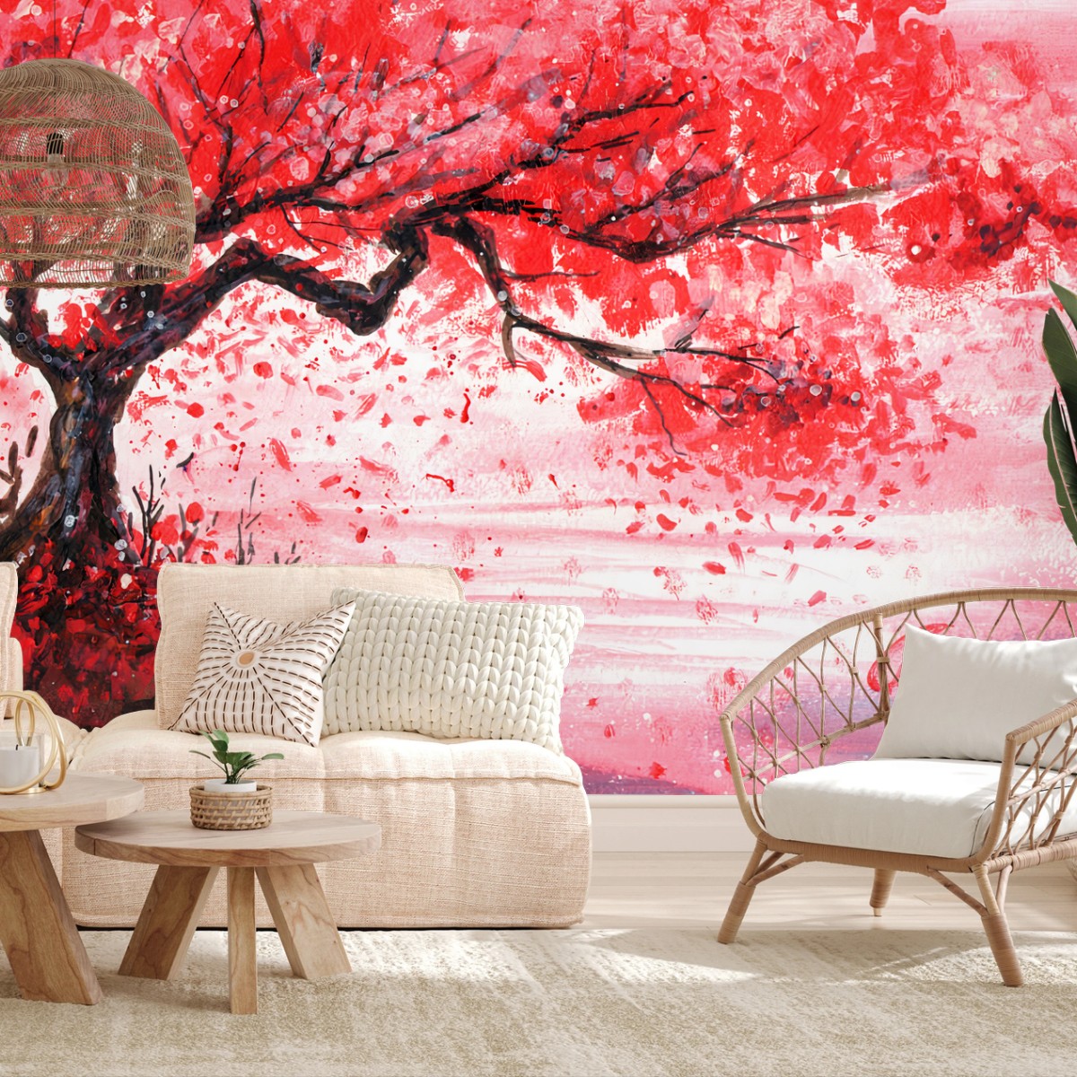 Fotomural ROJO CEREZO FLORES ARBOL ACUARELA PARA SALÓN – Pixers®