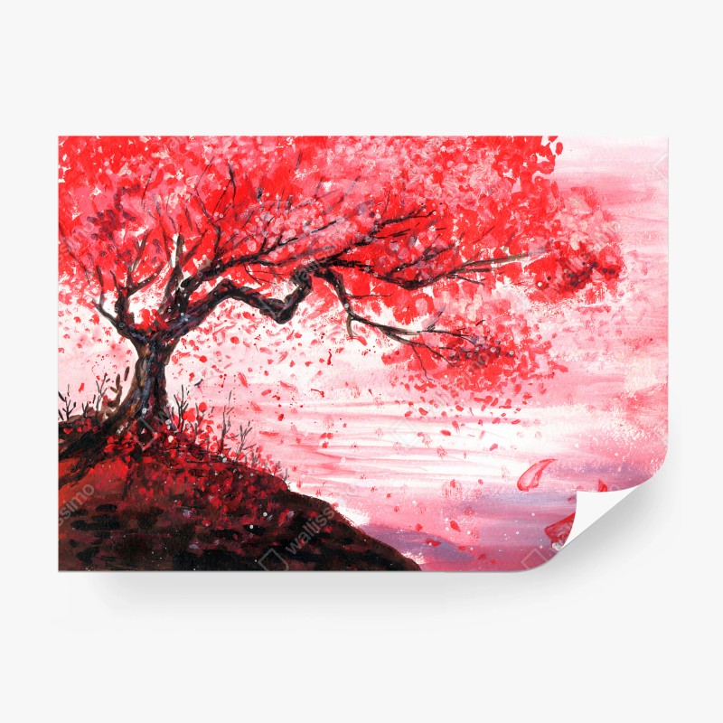 Fotomural ROJO CEREZO FLORES ARBOL ACUARELA PARA SALÓN