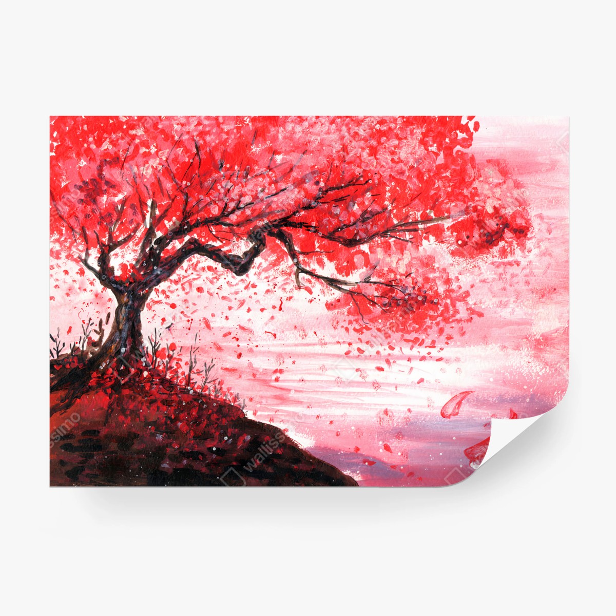 Fotomural ROJO CEREZO FLORES ARBOL ACUARELA PARA SALÓN – Pixers®