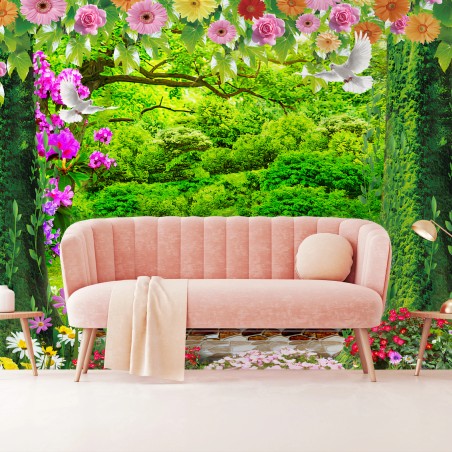 Fotomural FLORES JARDÍN VERDE NATURALEZA ROMÁNTICO PARA SALÓN – Pixers®