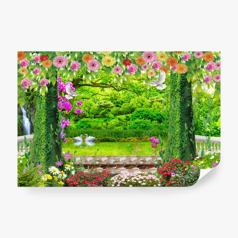 Fotomural FLORES JARDÍN VERDE NATURALEZA ROMÁNTICO PARA SALÓN