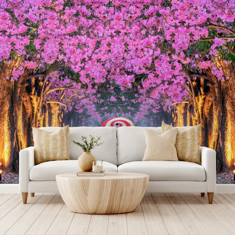 Fotomural ROSADO FLOR KIMONO JAPONÉS ÁRBOL PARA SALÓN