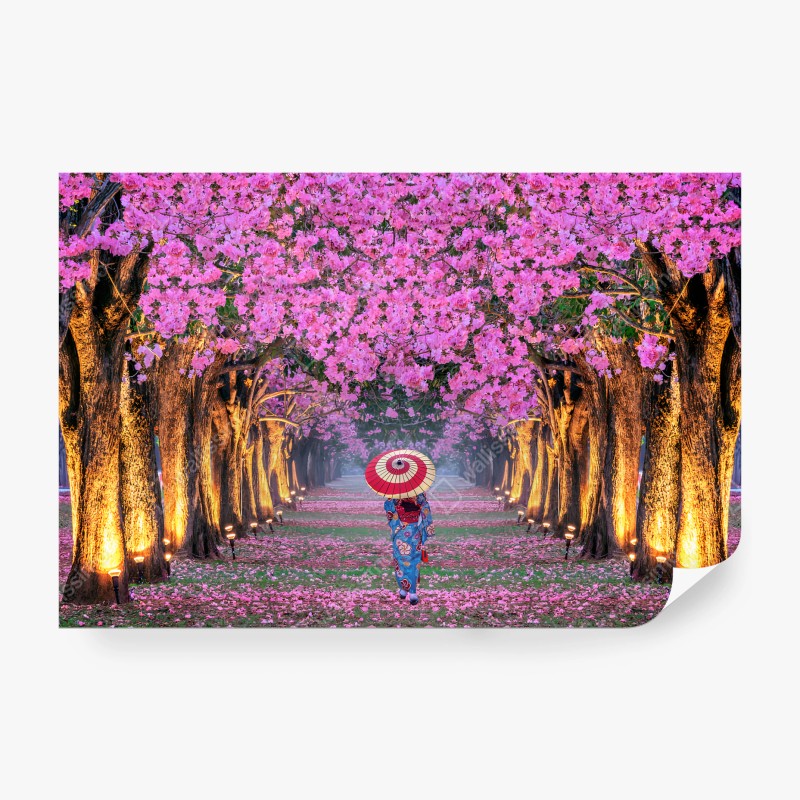 Fotomural ROSADO FLOR KIMONO JAPONÉS ÁRBOL PARA SALÓN