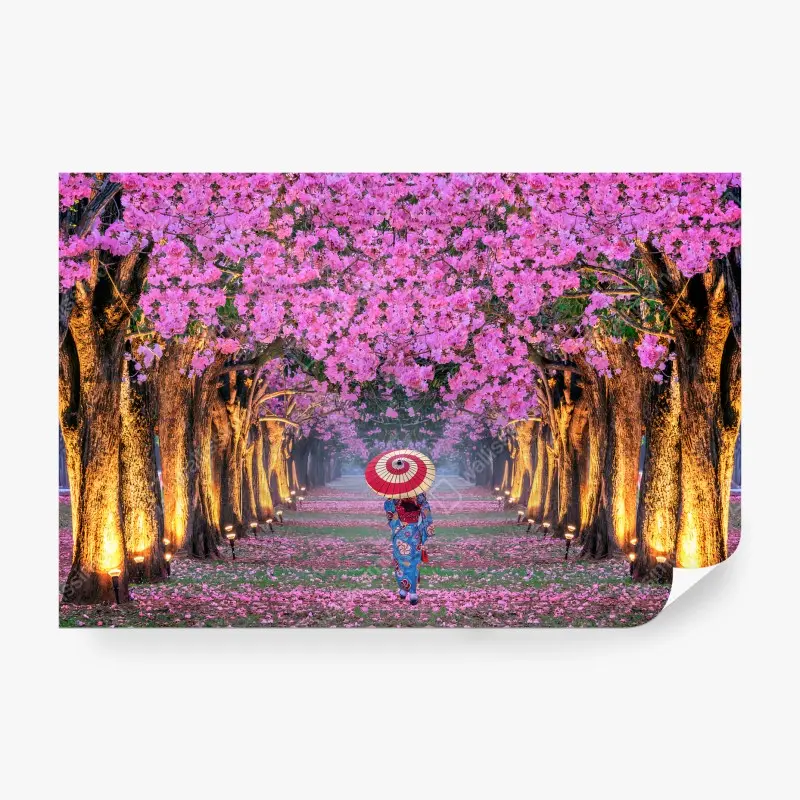 Fotomural ROSADO FLOR KIMONO JAPONÉS ÁRBOL PARA SALÓN
