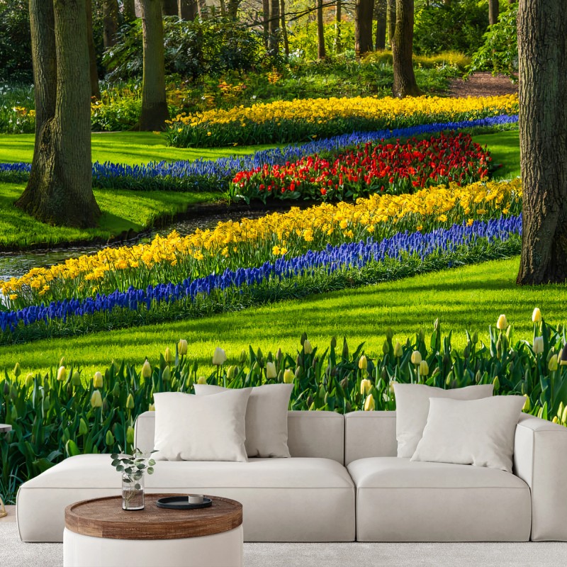 Fotomural PRIMAVERA FLORES TULIPANES JARDÍN VERDE PARA SALÓN