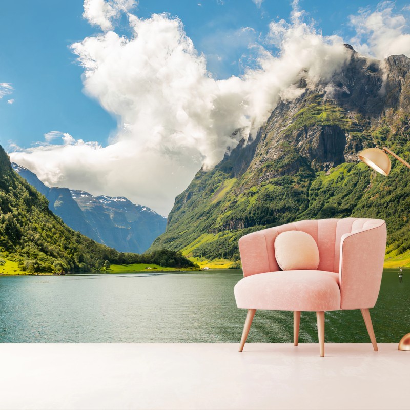 Fotomural FIORDO NORUEGA MONTAÑAS PAISAJE VERDE PARA SALÓN