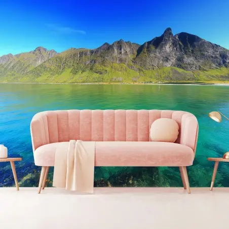 Fotomural NORUEGA MAR TURQUESA MONTAÑAS PLAYA PARA EL SALÓN – Pixers®