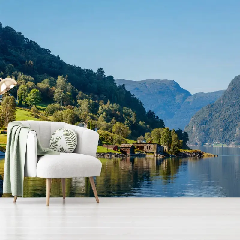 Fotomural FIORDO LAGO MONTAÑAS PUEBLO PAISAJE PARA SALÓN