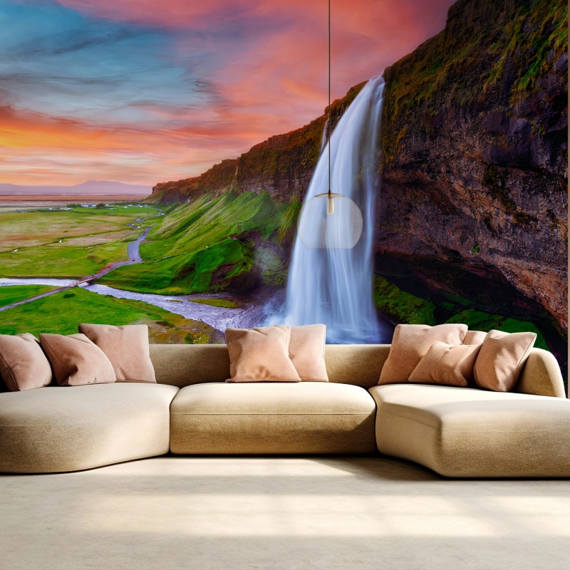 Fotomural CASCADA ATARDECER PAISAJE NATURALEZA VERDE PARA SALA
