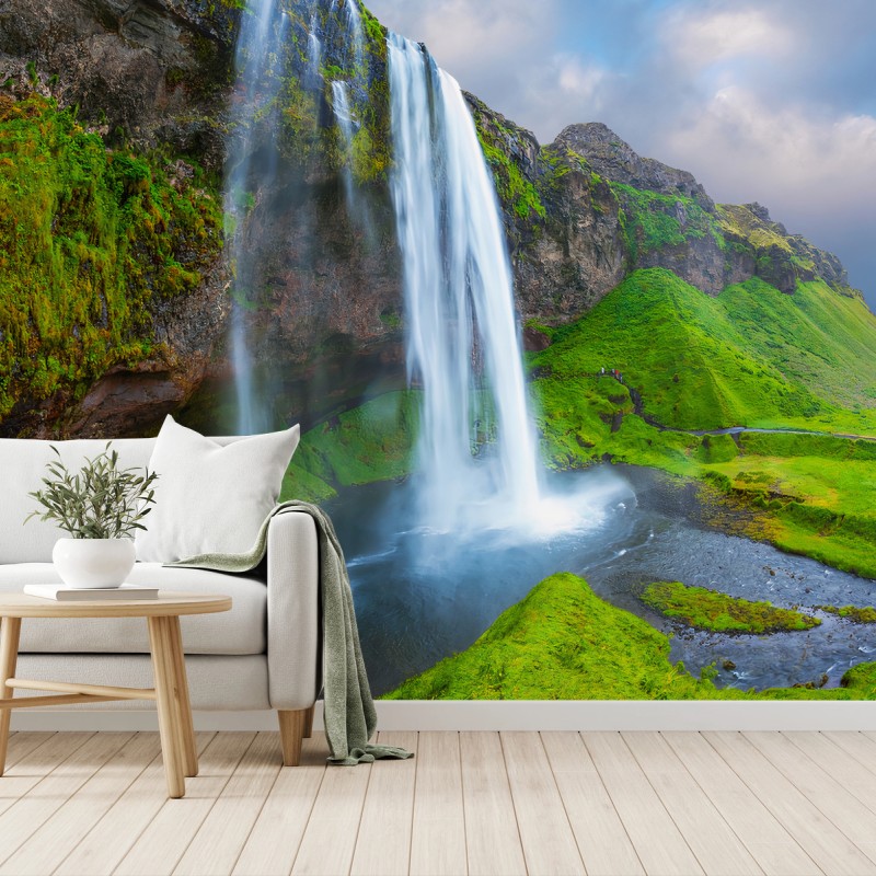 Fotomural ISLANDIA CASCADA ARCOIRIS NATURALEZA VERDE PARA SALA