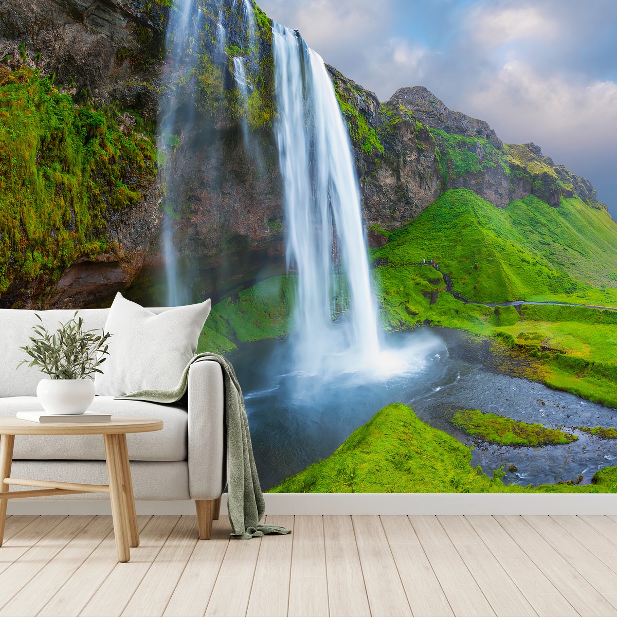 Fotomural ISLANDIA CASCADA ARCOIRIS NATURALEZA VERDE PARA SALA – Pixers®