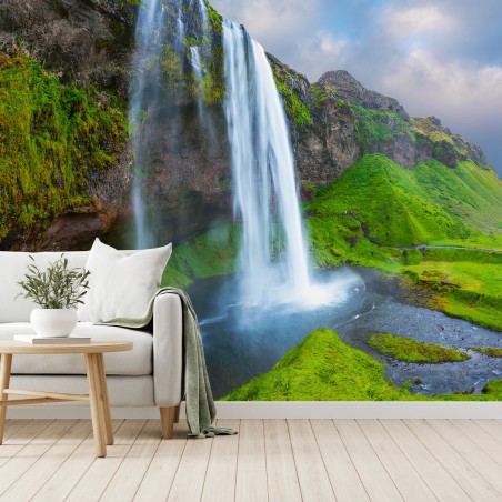 Fotomural ISLANDIA CASCADA ARCOIRIS NATURALEZA VERDE PARA SALA – Pixers®