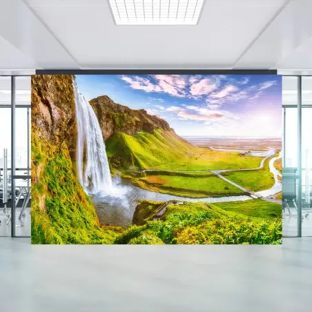 Fotomural ISLANDIA CASCADA OCASO VERDE PAISAJE PARA OFICINA – Pixers®