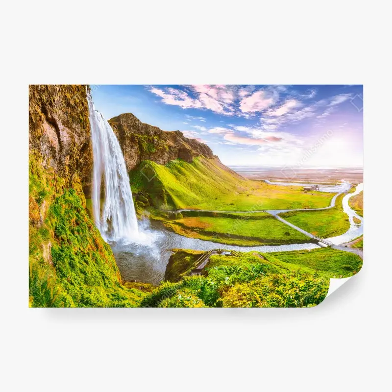 Fotomural ISLANDIA CASCADA OCASO VERDE PAISAJE PARA OFICINA