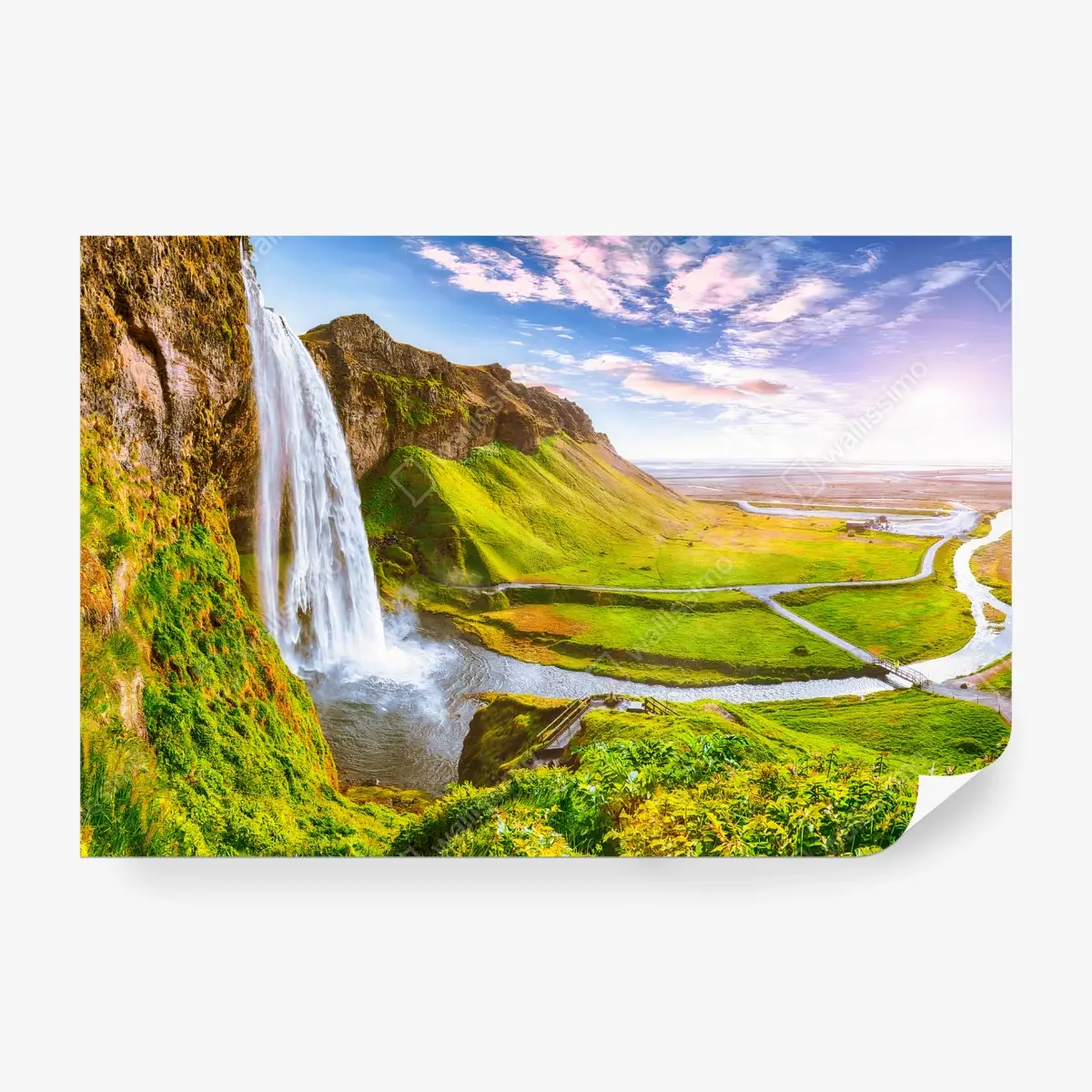 Fotomural ISLANDIA CASCADA OCASO VERDE PAISAJE PARA OFICINA – Pixers®