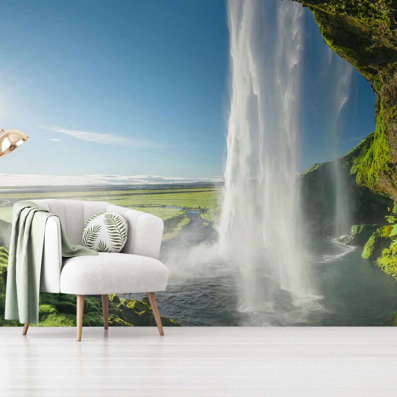 Fotomural ISLANDIA CASCADA PAISAJE VERDE SOL PARA SALÓN