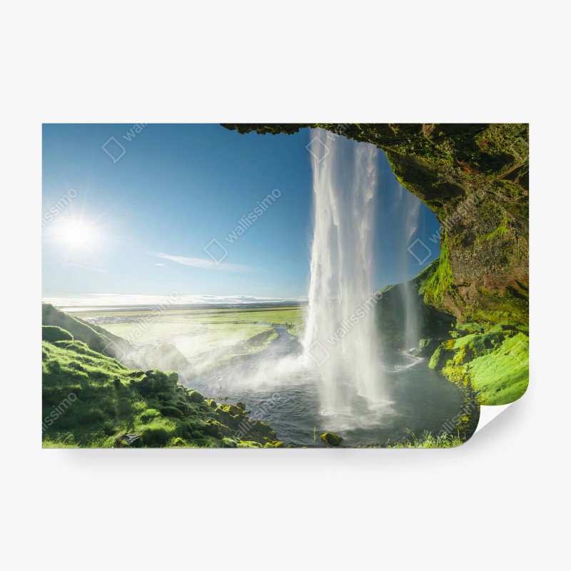 Fotomural ISLANDIA CASCADA PAISAJE VERDE SOL PARA SALÓN