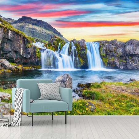 Fotomural ISLANDIA CASCADA ATARDECER MONTAÑA PAISAJE PARA SALA – Pixers®