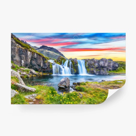 Fotomural ISLANDIA CASCADA ATARDECER MONTAÑA PAISAJE PARA SALA – Pixers®