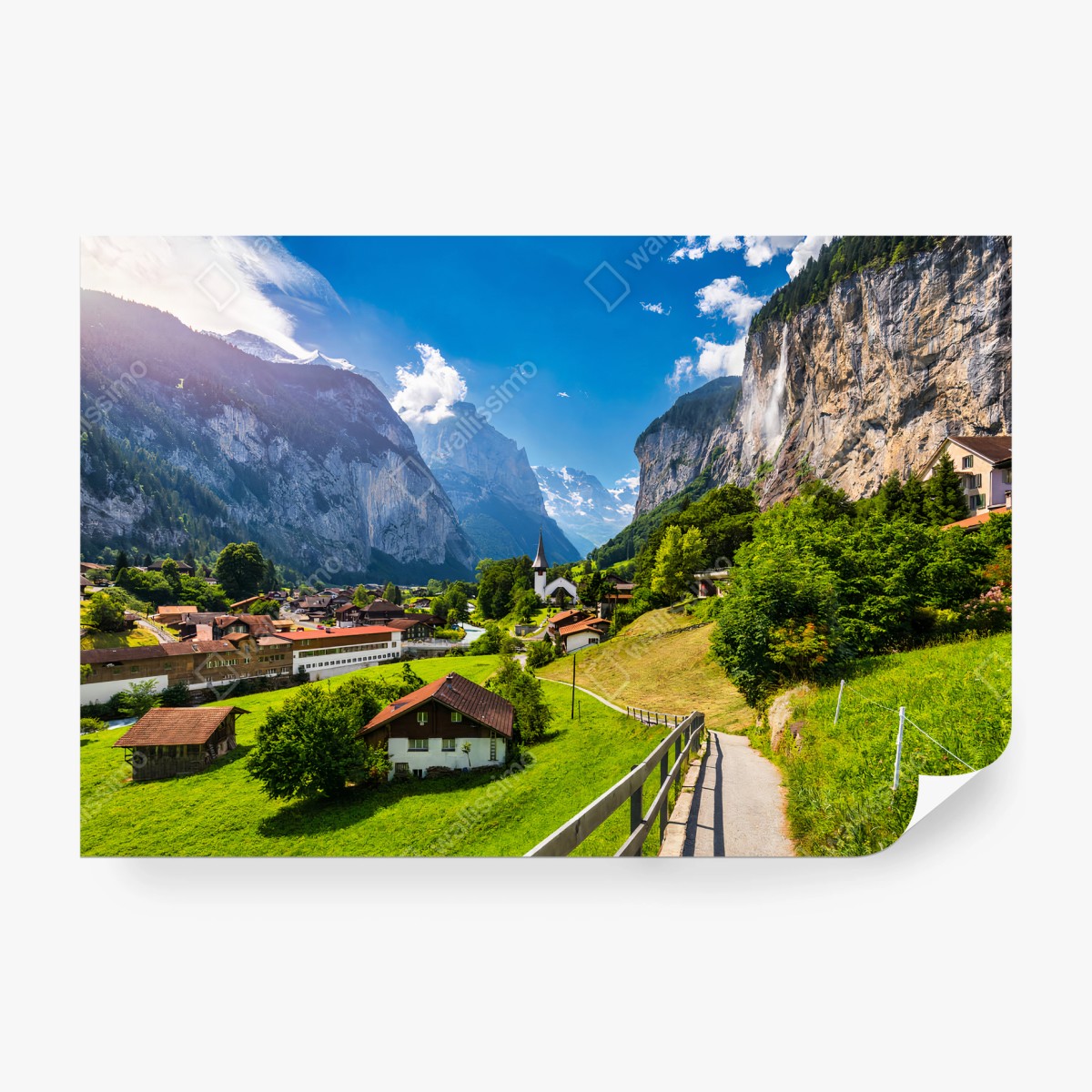 Fotomural ALPES CASCADA PUEBLO IGLESIA VALLE PARA SALÓN – Pixers®