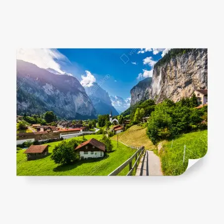 Fotomural ALPES CASCADA PUEBLO IGLESIA VALLE PARA SALÓN – Pixers®