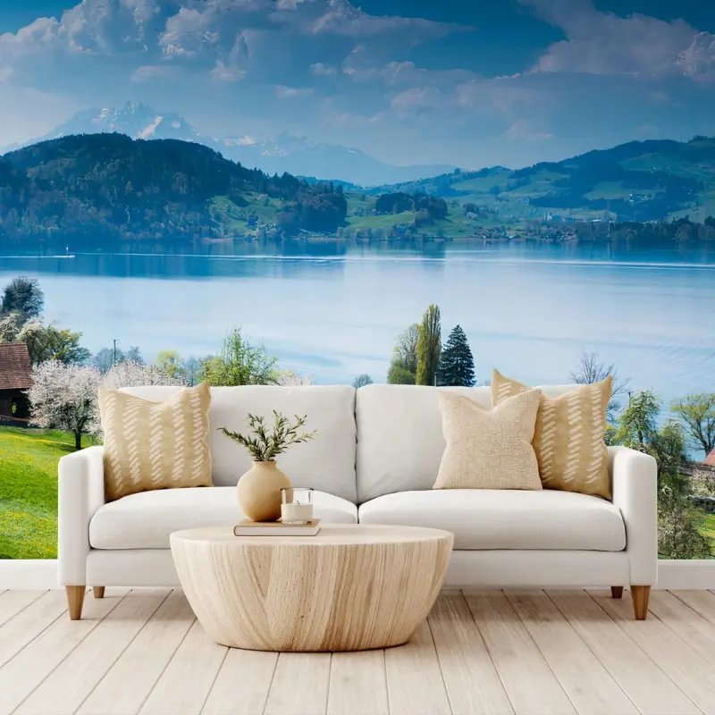 Fotomural SUIZA LAGO MONTAÑAS PAISAJE VERDE PARA SALA