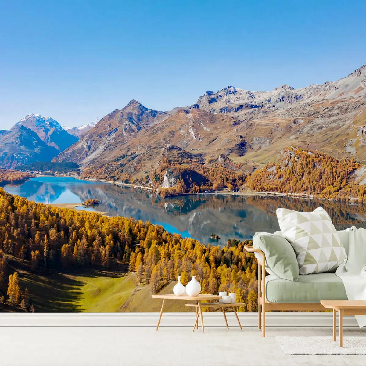 Fotomural MONTAÑAS LAGO OTOÑO PAISAJE REFLEJO PARA SALÓN – Pixers®