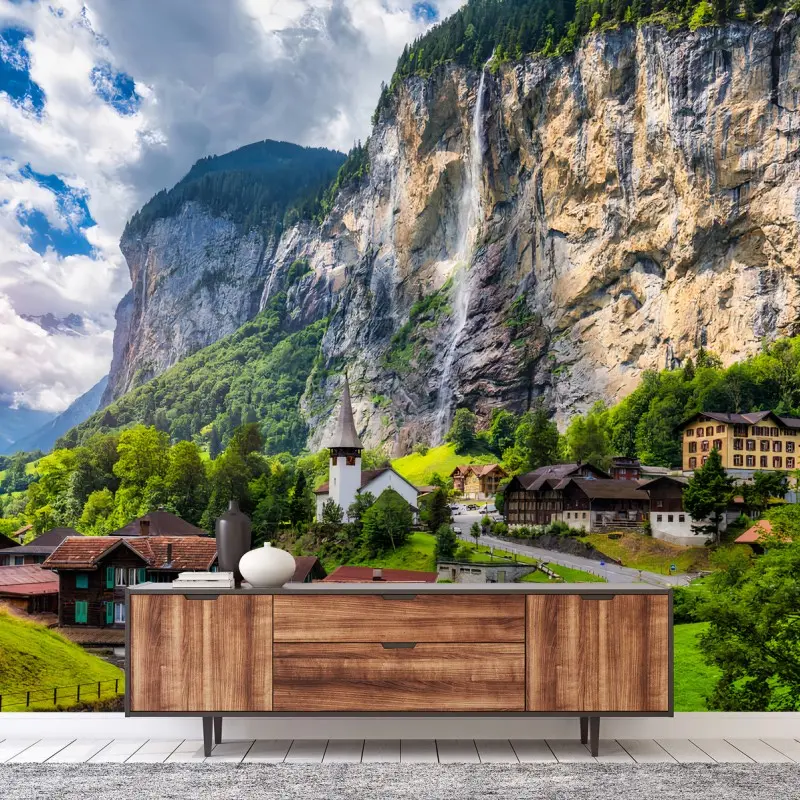Fotomural SUIZA CASCADA ALPES PUEBLO MONTAÑA PARA EL SALÓN