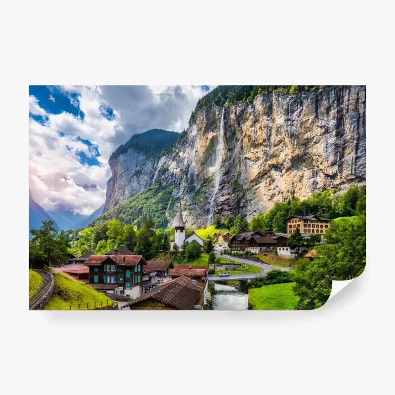 Fotomural SUIZA CASCADA ALPES PUEBLO MONTAÑA PARA EL SALÓN