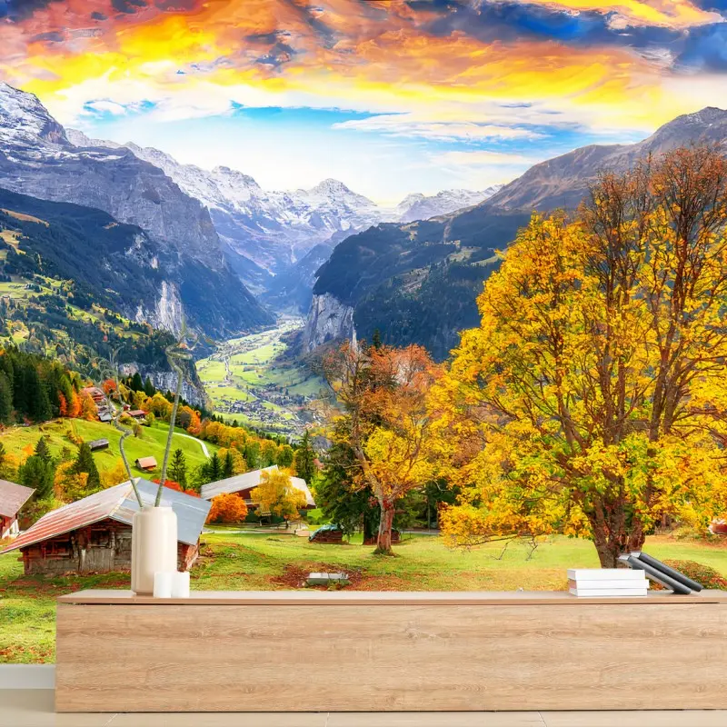 Fotomural ALPES MONTAÑAS VALLE OTOÑO PUEBLO PARA EL SALÓN